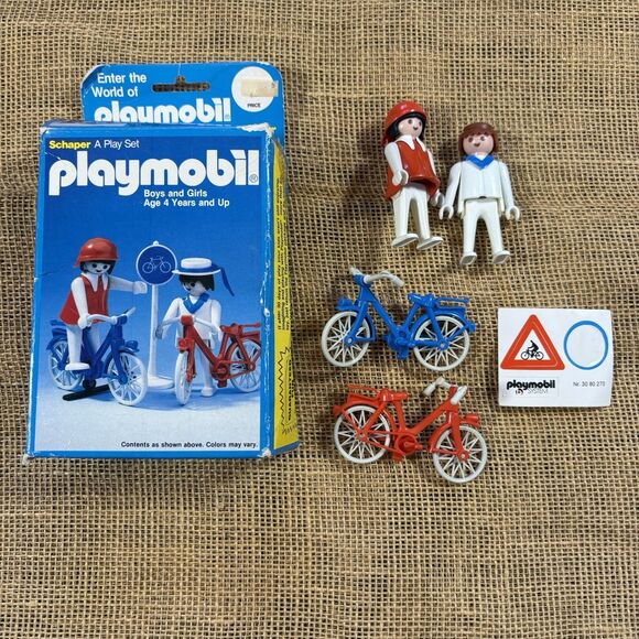 Vintage Playmobil 2 Cyclists 3573 Schaper In Box 1983 Missing Street Sign - Picture 3 of 4